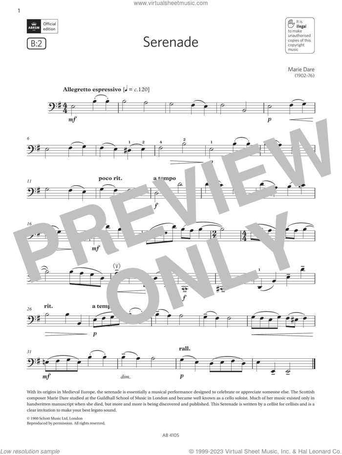 Serenade (Grade 2, B2, from the ABRSM Cello Syllabus from 2024) sheet music for cello solo by Marie Dare, classical score, intermediate skill level