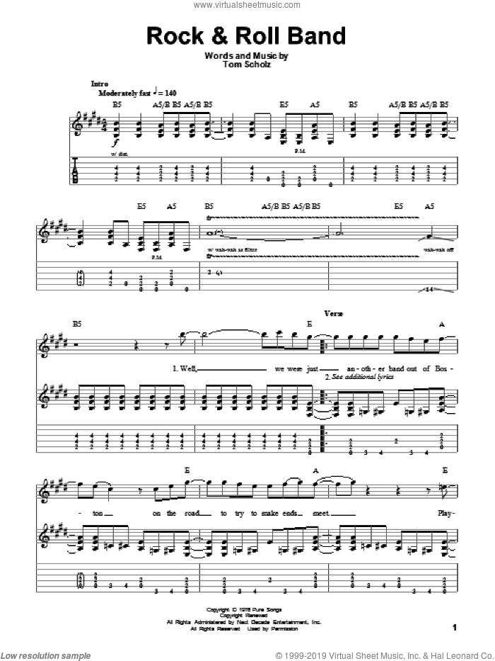 Rock and Roll Band sheet music for guitar (tablature, play-along) by Boston and Tom Scholz, intermediate skill level