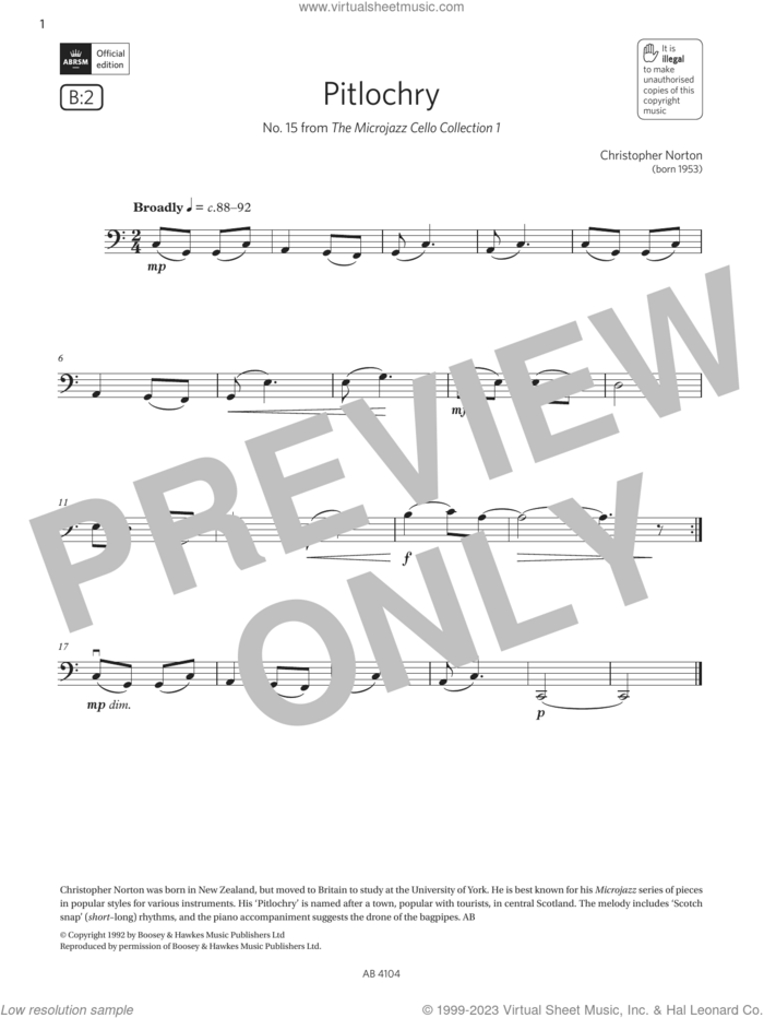 Pitlochry (Grade 1, B2, from the ABRSM Cello Syllabus from 2024) sheet music for cello solo by Christopher Norton, classical score, intermediate skill level