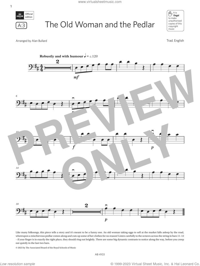The Old Woman and the Pedlar (Grade Initial, A3, from the ABRSM Cello Syllabus from 2024) sheet music for cello solo by Trad. English and Alan Bullard, classical score, intermediate skill level
