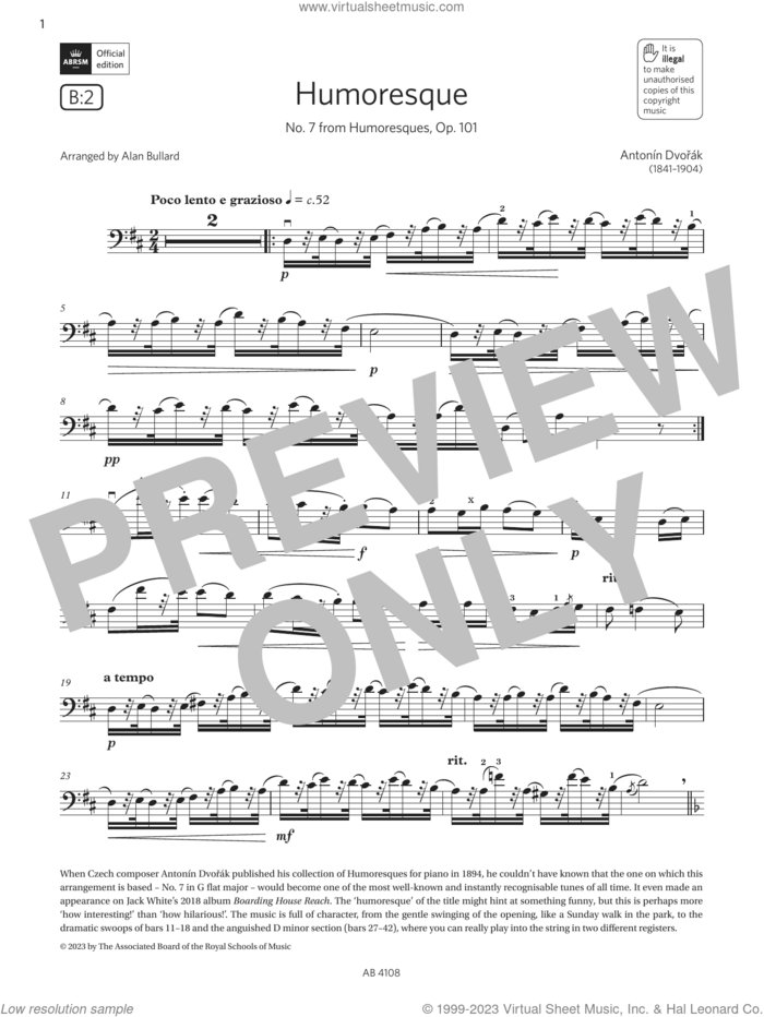 Humoresque (Grade 5, B2, from the ABRSM Cello Syllabus from 2024) sheet music for cello solo by Antonín Dvořák and Alan Bullard, classical score, intermediate skill level