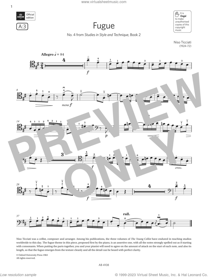 Fugue (Grade 5, A3, from the ABRSM Cello Syllabus from 2024) sheet music for cello solo by Niso Ticciati, classical score, intermediate skill level