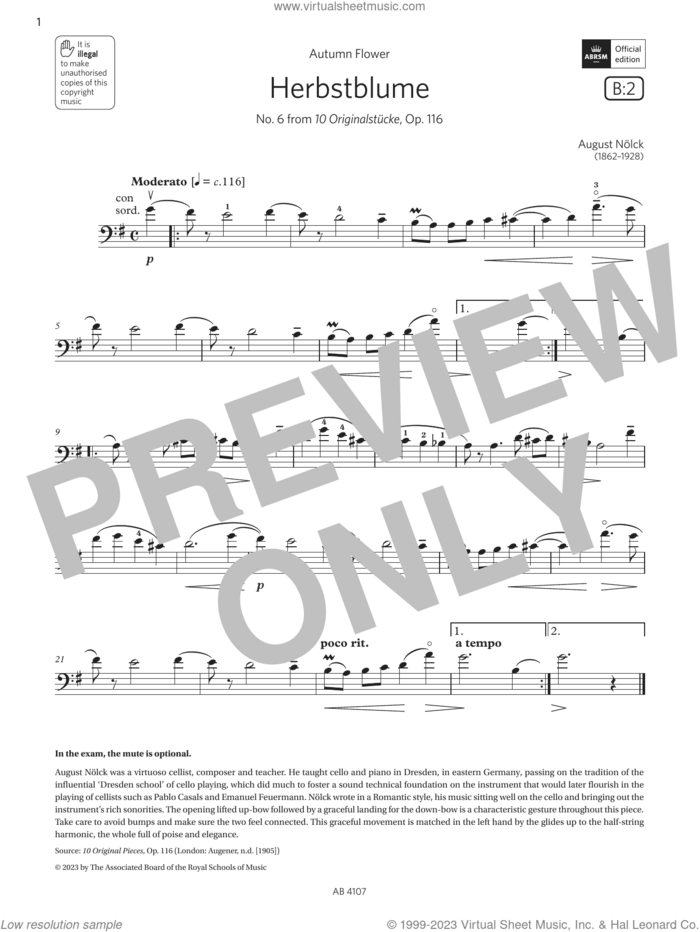 Herbstblume (Grade 4, B2, from the ABRSM Cello Syllabus from 2024) sheet music for cello solo by August Nölck, classical score, intermediate skill level