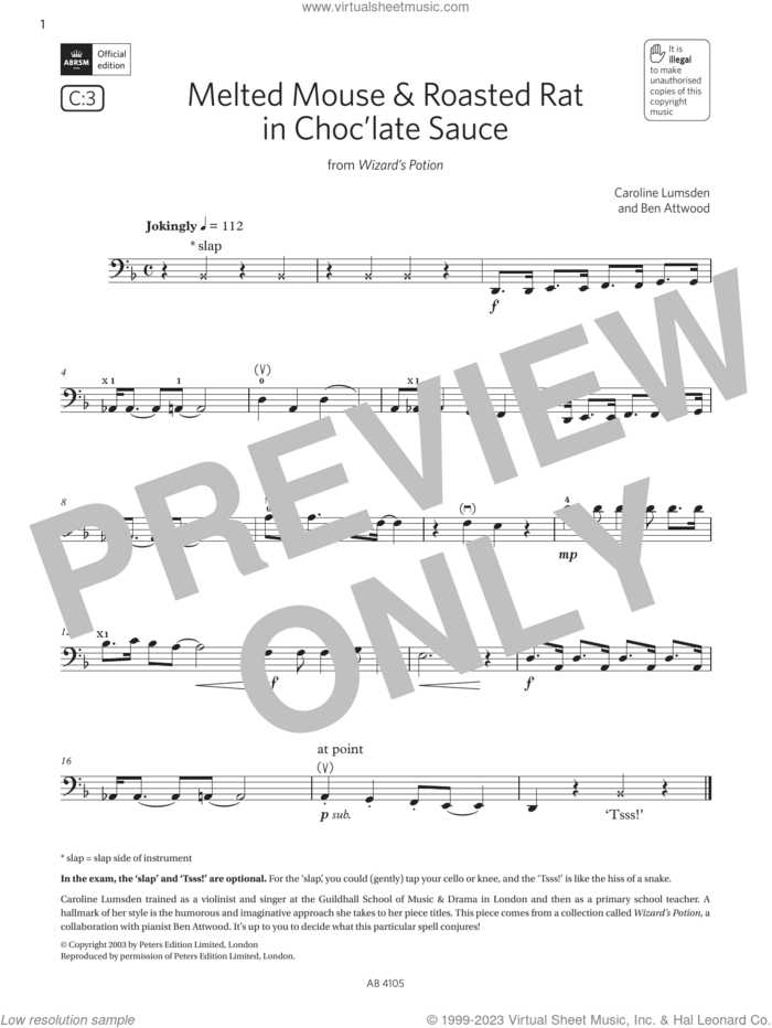 Melted Mouse and Roasted Rat in Choc'late Sauce (Grade 2, C3, from the ABRSM Cello Syllabus from 2024) sheet music for cello solo by Ben Attwood and Caroline Lumsden, classical score, intermediate skill level