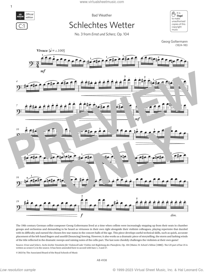 Schlechtes Wetter (Grade 5, C1, from the ABRSM Cello Syllabus from 2024) sheet music for cello solo by Georg Goltermann, classical score, intermediate skill level