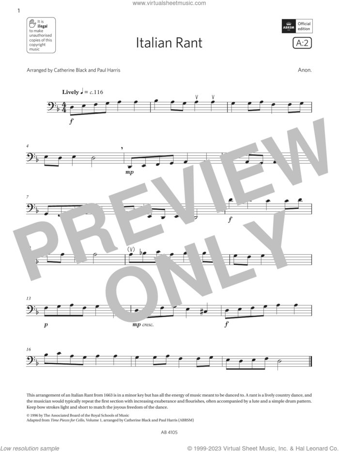Italian Rant (Grade 2, A2, from the ABRSM Cello Syllabus from 2024) sheet music for cello solo by Anon, Catherine Black and Paul Harris, classical score, intermediate skill level