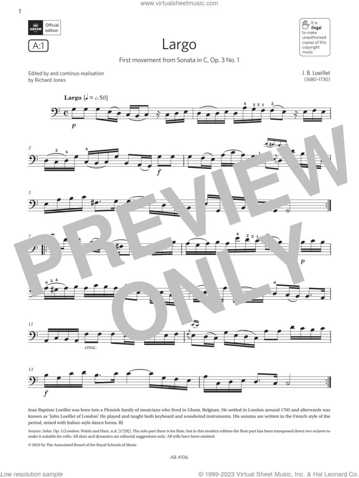 Largo (Grade 3, A1, from the ABRSM Cello Syllabus from 2024) sheet music for cello solo by J. B. Loeillet, classical score, intermediate skill level