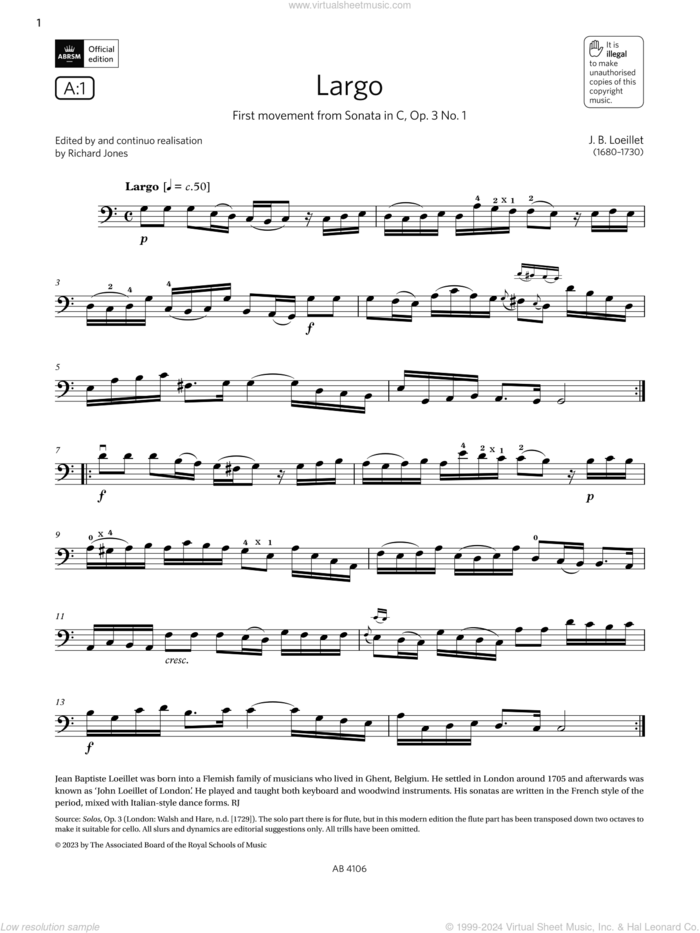 Largo (Grade 3, A1, from the ABRSM Cello Syllabus from 2024) sheet music for cello solo by J. B. Loeillet, classical score, intermediate skill level