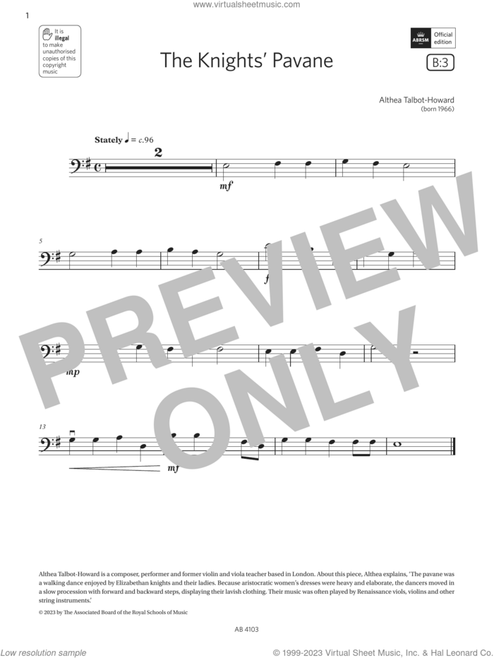 The Knights' Pavane (Grade Initial, B3, from the ABRSM Cello Syllabus from 2024) sheet music for cello solo by Althea Talbot-Howard, classical score, intermediate skill level