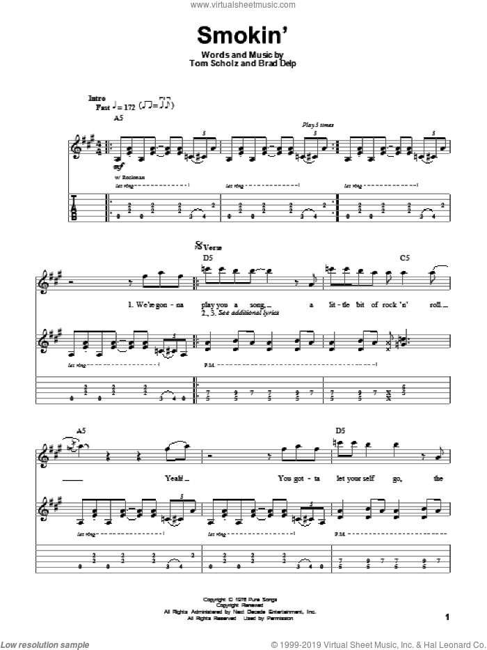Smokin' sheet music for guitar (tablature, play-along) by Boston, Brad Delp and Tom Scholz, intermediate skill level