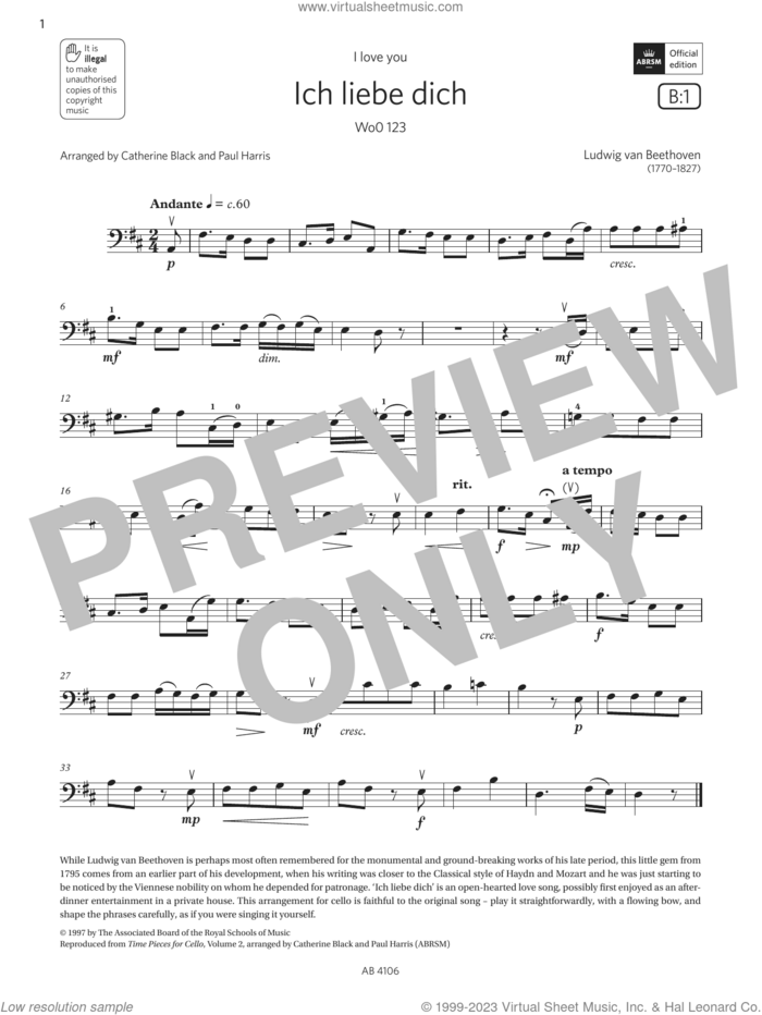 Ich liebe dich (Grade 3, B1, from the ABRSM Cello Syllabus from 2024) sheet music for cello solo by Ludwig van Beethoven, Catherine Black and Paul Harris, classical score, intermediate skill level