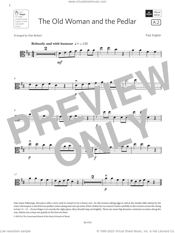 The Old Woman and the Pedlar (Grade Initial, A2, from the ABRSM Viola Syllabus from 2024) sheet music for viola solo by Trad. English and Alan Bullard, classical score, intermediate skill level