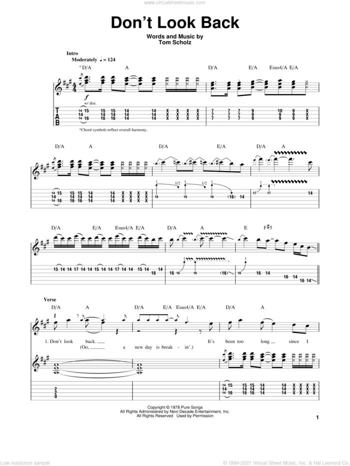Don't Look Back sheet music for guitar (tablature, play-along) by Boston and Tom Scholz, intermediate skill level