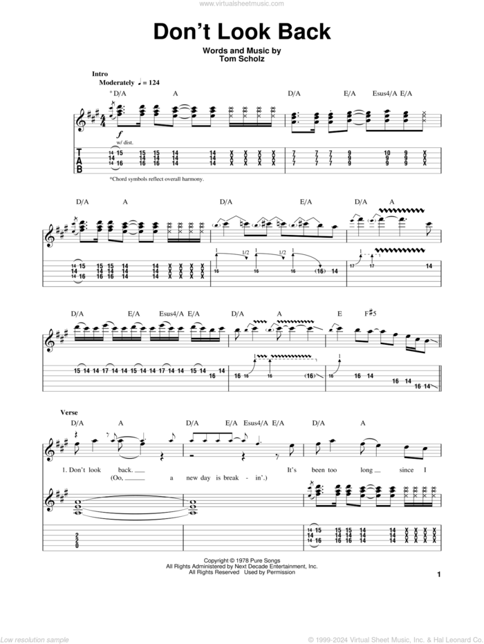 Don't Look Back sheet music for guitar (tablature, play-along) by Boston and Tom Scholz, intermediate skill level