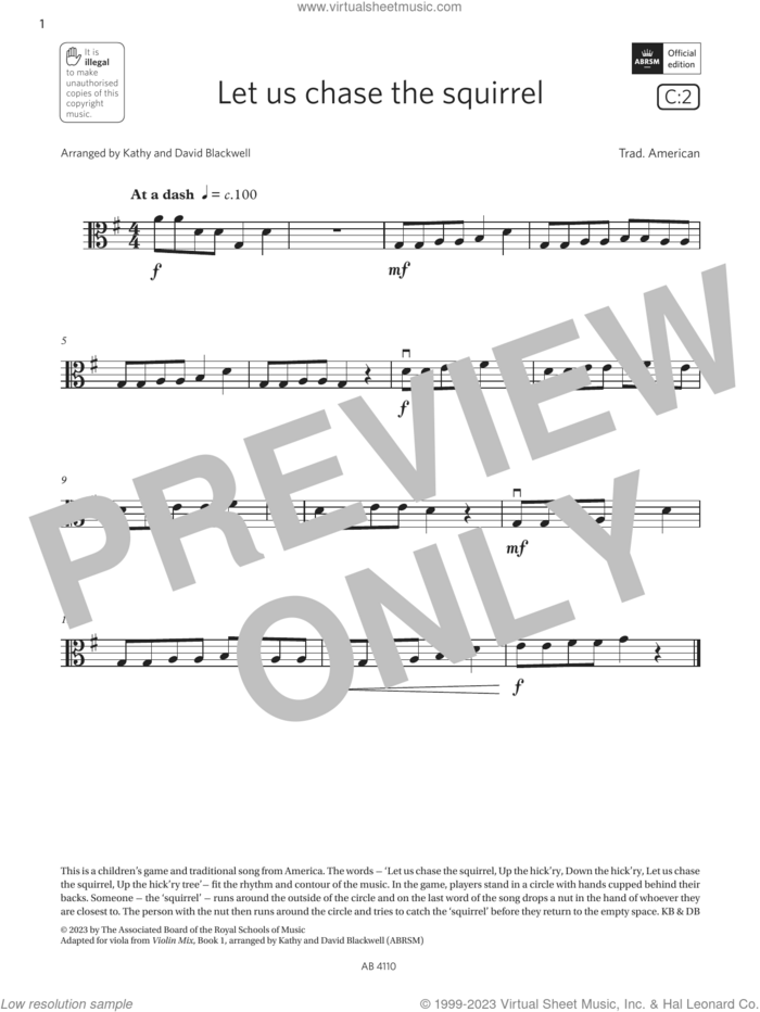 Let us chase the squirrel (Grade Initial, C2, from the ABRSM Viola Syllabus from 2024) sheet music for viola solo by Trad. American, David Blackwell and Kathy Blackwell, classical score, intermediate skill level