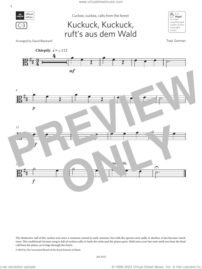 Kuckuck, Kuckuck ruft's aus dem Wald (Grade Initial, C3, from the ABRSM Viola Syllabus from 2024) sheet music for viola solo by Trad. German and David Blackwell, classical score, intermediate skill level