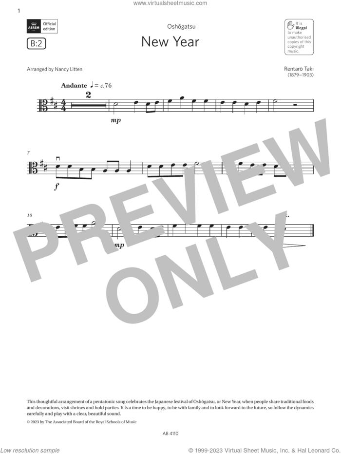 New Year (Grade Initial, B2, from the ABRSM Viola Syllabus from 2024) sheet music for viola solo by Rentaro Taki and Nancy Litten, classical score, intermediate skill level