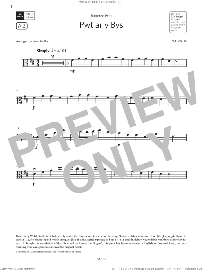 Pwt ar y Bys (Grade Initial, A3, from the ABRSM Viola Syllabus from 2024) sheet music for viola solo by Trad. Welsh and Alan Bullard, classical score, intermediate skill level