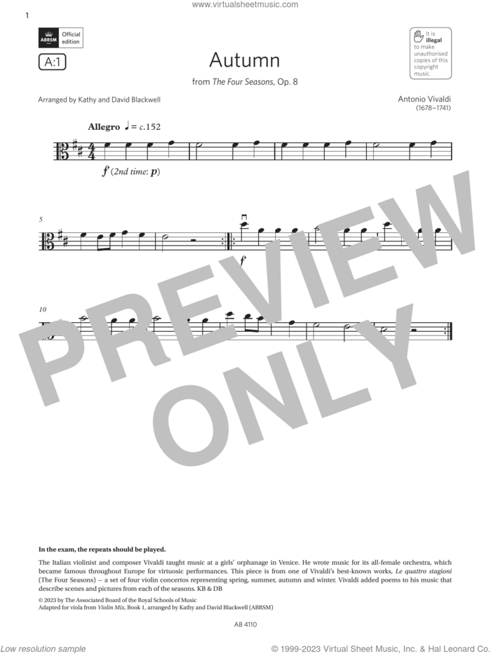 Autumn (Grade Initial, A1, from the ABRSM Viola Syllabus from 2024) sheet music for viola solo by Antonio Vivaldi, David Blackwell and Kathy Blackwell, classical score, intermediate skill level