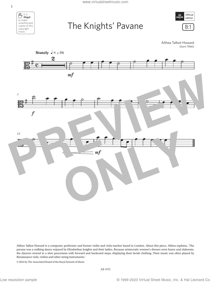 The Knights' Pavane (Grade Initial, B1, from the ABRSM Viola Syllabus from 2024) sheet music for viola solo by Althea Talbot-Howard, classical score, intermediate skill level
