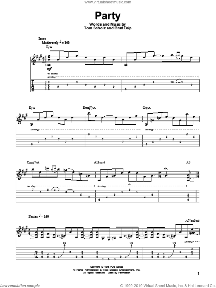 Party sheet music for guitar (tablature, play-along) by Boston, Brad Delp and Tom Scholz, intermediate skill level