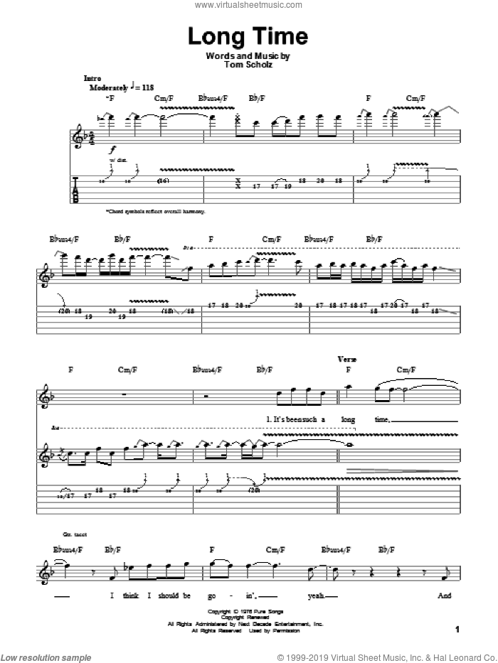 Long Time sheet music for guitar (tablature, play-along) by Boston and Tom Scholz, intermediate skill level