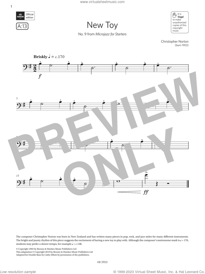 New Toy (Grade Initial, A13, from the ABRSM Double Bass Syllabus from 2024) sheet music for double bass solo by Christopher Norton, classical score, intermediate skill level