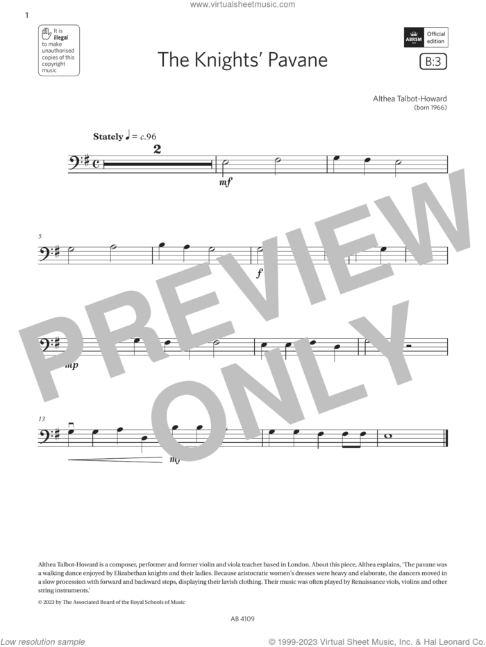 The Knights' Pavane (Grade Initial, B3, from the ABRSM Double Bass Syllabus from 2024) sheet music for double bass solo by Althea Talbot-Howard, classical score, intermediate skill level