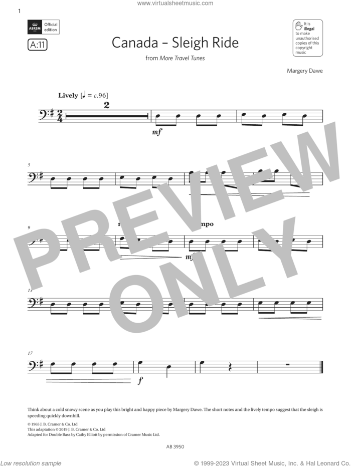 Canada - Sleigh Ride (Grade Initial, A11, from the ABRSM Double Bass Syllabus from 2024) sheet music for double bass solo by Margery Dawe, classical score, intermediate skill level