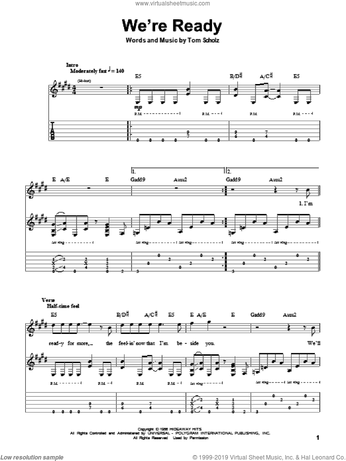 We're Ready sheet music for guitar (tablature, play-along) by Boston and Tom Scholz, intermediate skill level