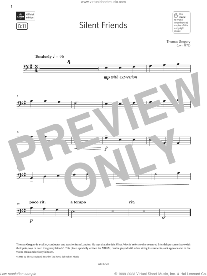 Silent Friends (Grade Initial, B11, from the ABRSM Double Bass Syllabus from 2024) sheet music for double bass solo by Thomas Gregory, classical score, intermediate skill level