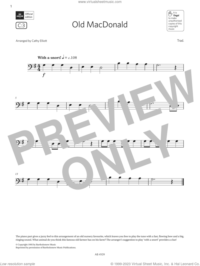 Old MacDonald (Grade Initial, C3, from the ABRSM Double Bass Syllabus from 2024) sheet music for double bass solo by Anon and Cathy Elliott, classical score, intermediate skill level