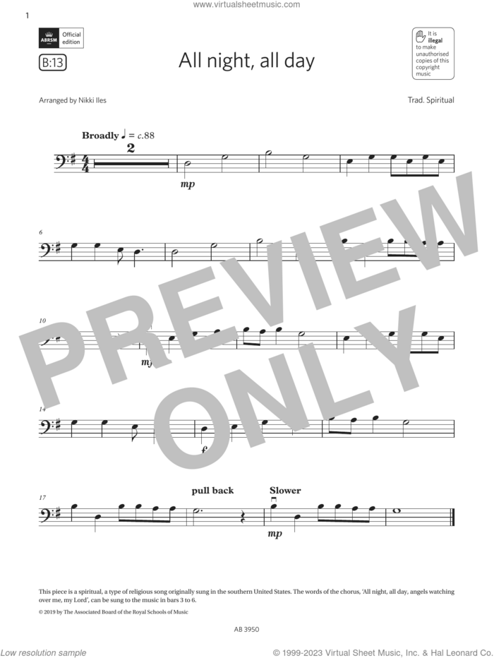 All Night, All Day (Grade Initial, B13, from the ABRSM Double Bass Syllabus from 2024) sheet music for double bass solo by Trad. Spiritual and Nikki Iles, classical score, intermediate skill level