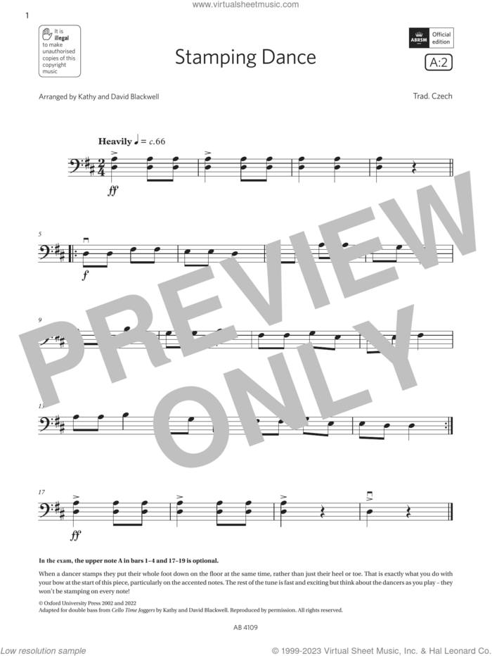 Stamping Dance (Grade Initial, A2, from the ABRSM Double Bass Syllabus from 2024) sheet music for double bass solo by Trad. Czech, David Blackwell and Kathy Blackwell, classical score, intermediate skill level