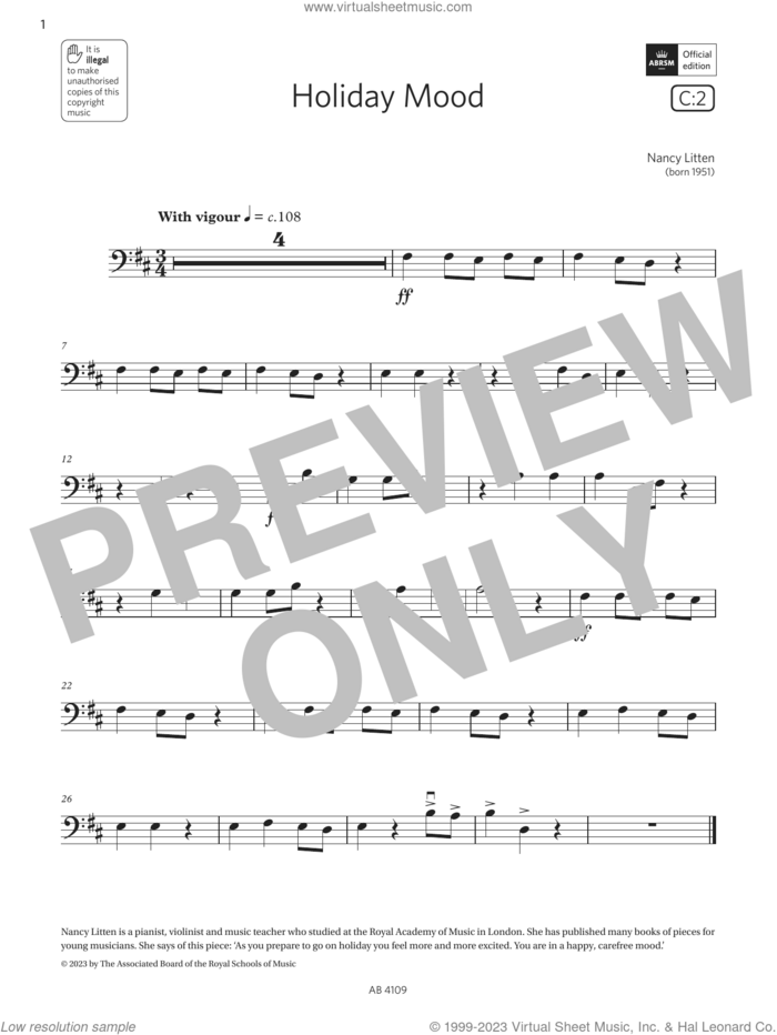 Holiday Mood (Grade Initial, C2, from the ABRSM Double Bass Syllabus from 2024) sheet music for double bass solo by Nancy Litten, classical score, intermediate skill level