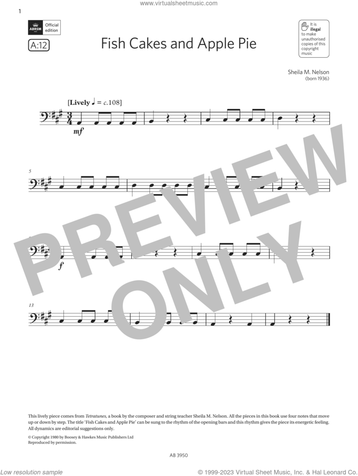 Fish Cakes and Apple Pie (Grade Initial, A12, from the ABRSM Double Bass Syllabus from 2024) sheet music for double bass solo by Sheila M. Nelson, classical score, intermediate skill level