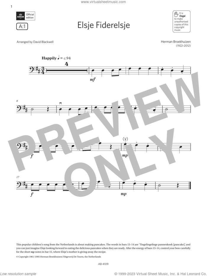 Elsje Fiderelsje (Grade Initial, A1, from the ABRSM Double Bass Syllabus from 2024) sheet music for double bass solo by Herman Broekhuizen and David Blackwell, classical score, intermediate skill level