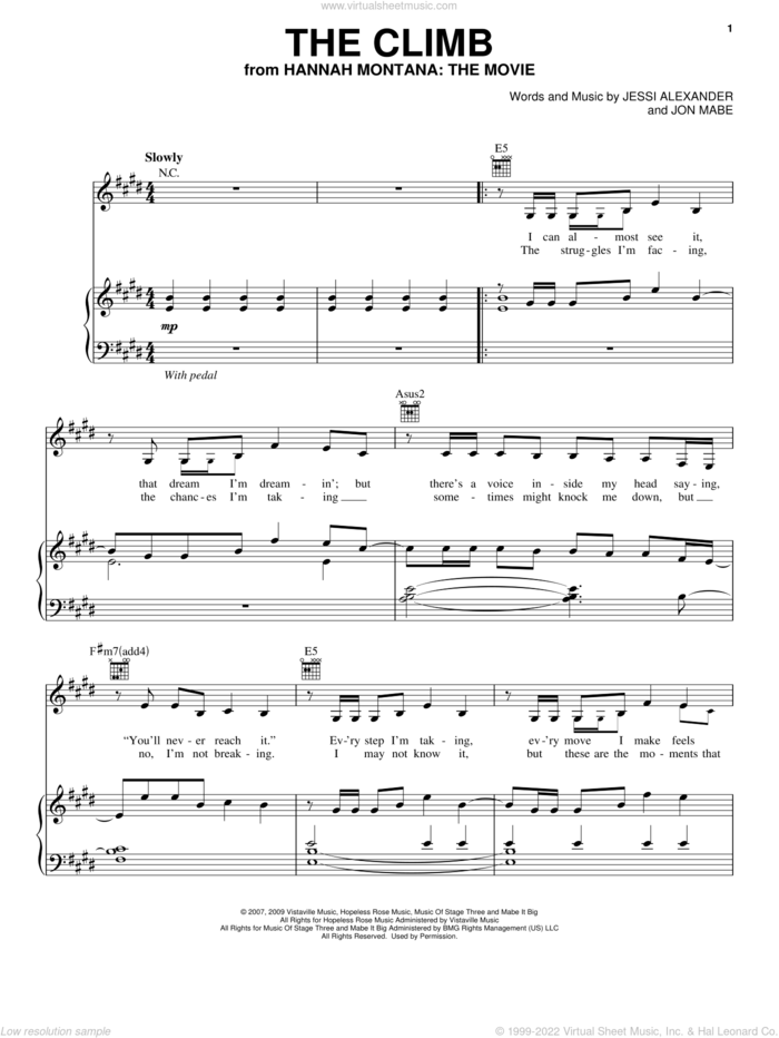 The Climb (from Hannah Montana: The Movie) sheet music for voice, piano or guitar by Miley Cyrus, Hannah Montana, Hannah Montana (Movie), Joe McElderry, Jessi Alexander and Jon Mabe, intermediate skill level