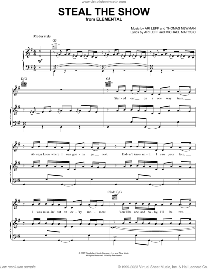 Steal The Show (from Elemental) sheet music for voice, piano or guitar by Lauv, Ari Leff, Michael Matosic and Thomas Newman, intermediate skill level