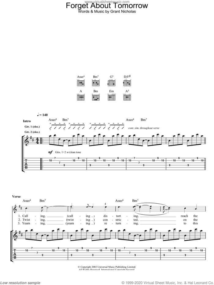 Forget About Tomorrow sheet music for guitar (tablature) by Feeder, intermediate skill level