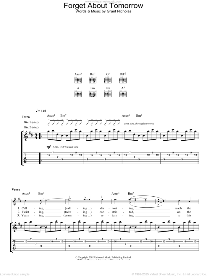 Forget About Tomorrow sheet music for guitar (tablature) by Feeder, intermediate skill level