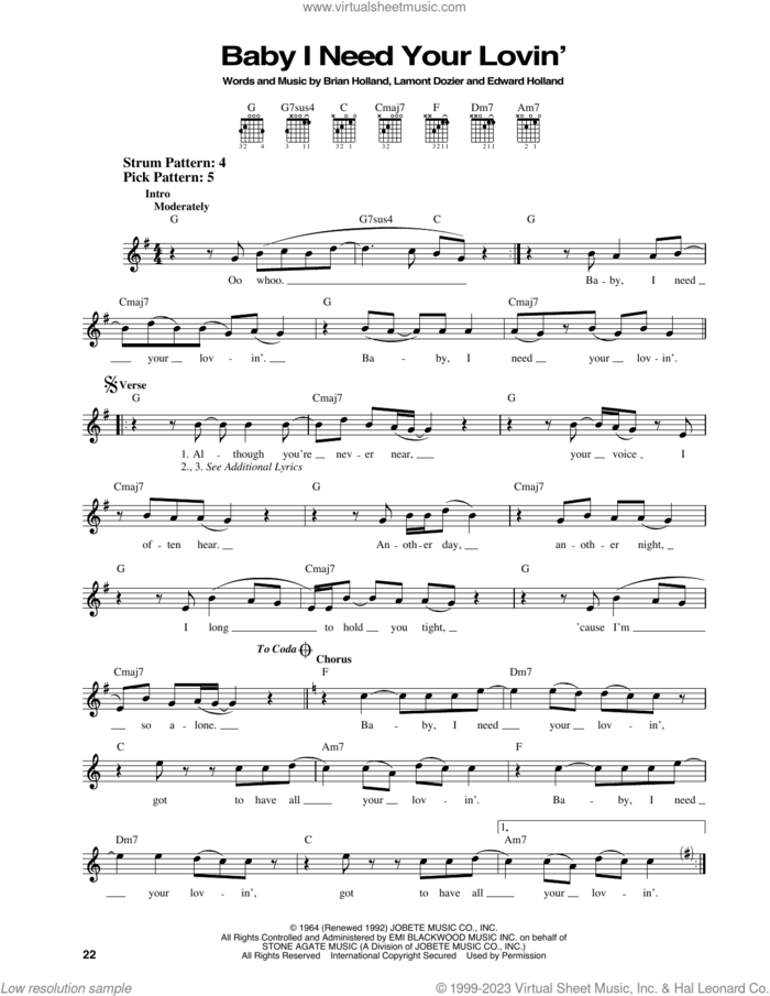 Baby I Need Your Lovin' sheet music for guitar solo (chords) by The Four Tops, Brian Holland, Eddie Holland and Lamont Dozier, easy guitar (chords)