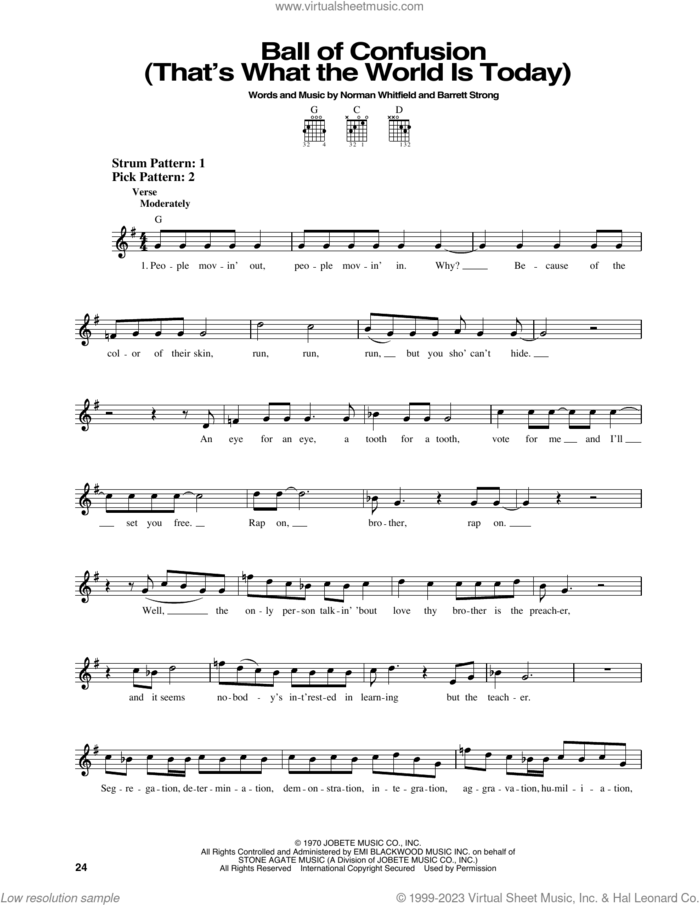 Ball Of Confusion (That's What The World Is Today) sheet music for guitar solo (chords) by The Temptations, Barrett Strong and Norman Whitfield, easy guitar (chords)