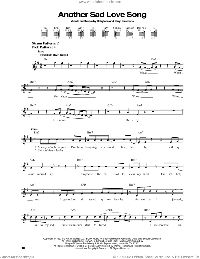Another Sad Love Song sheet music for guitar solo (chords) by Toni Braxton, Babyface and Daryl Simmons, easy guitar (chords)