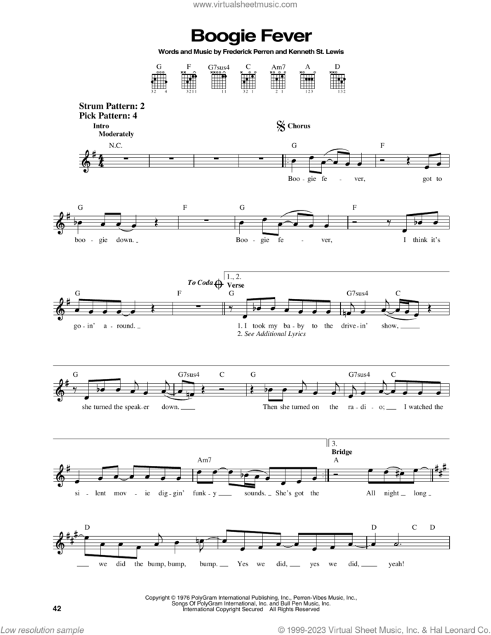 Boogie Fever sheet music for guitar solo (chords) by The Sylvers, Frederick Perren and Kenneth St. Lewis, easy guitar (chords)