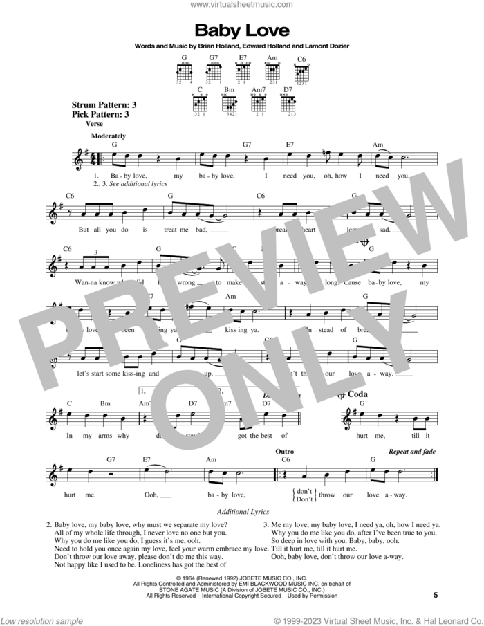 Baby Love sheet music for guitar solo (chords) by The Supremes, Brian Holland, Edward Holland Jr. and Lamont Dozier, easy guitar (chords)