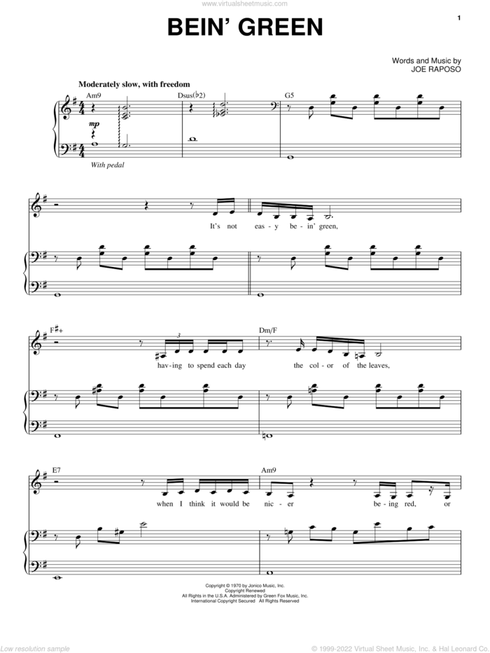 Bein' Green sheet music for voice and piano by Audra McDonald, Frank Sinatra, Kermit The Frog and Joe Raposo, intermediate skill level