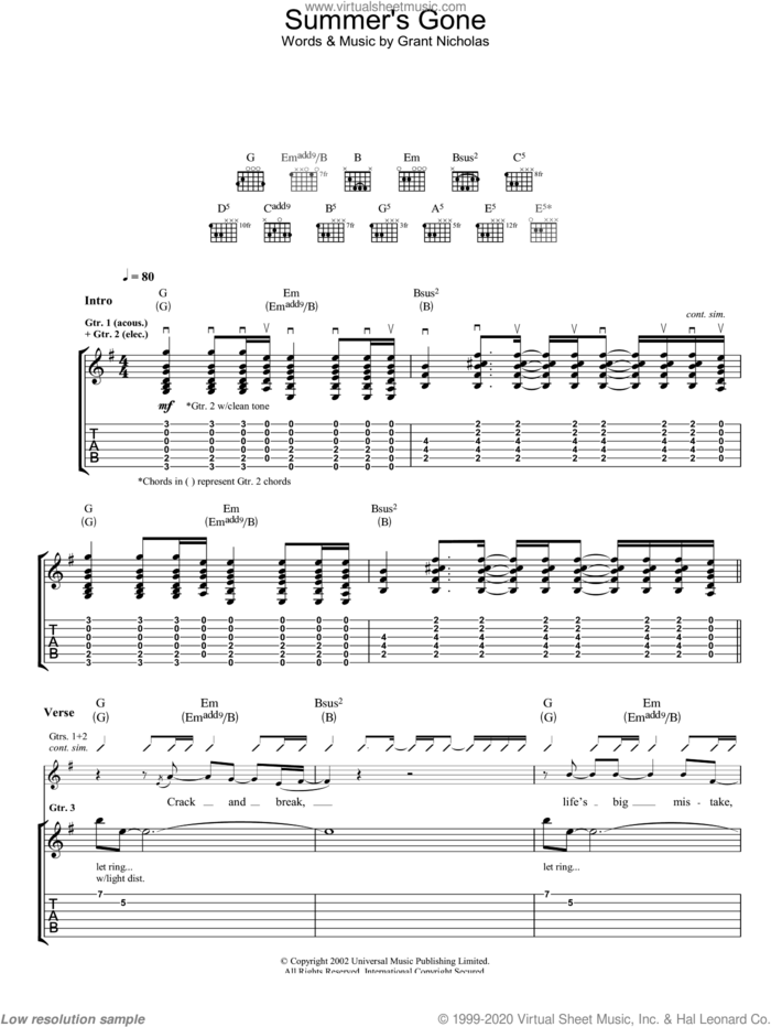 Summer's Gone sheet music for guitar (tablature) by Feeder, intermediate skill level