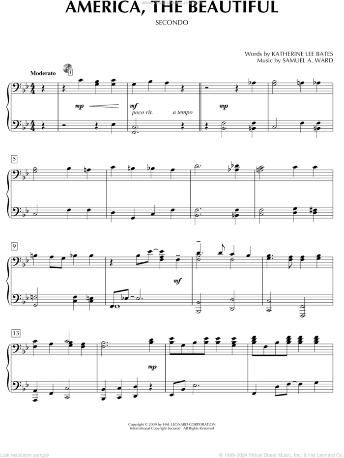 America, The Beautiful sheet music for piano four hands by Katherine Lee Bates and Samuel Augustus Ward, intermediate skill level