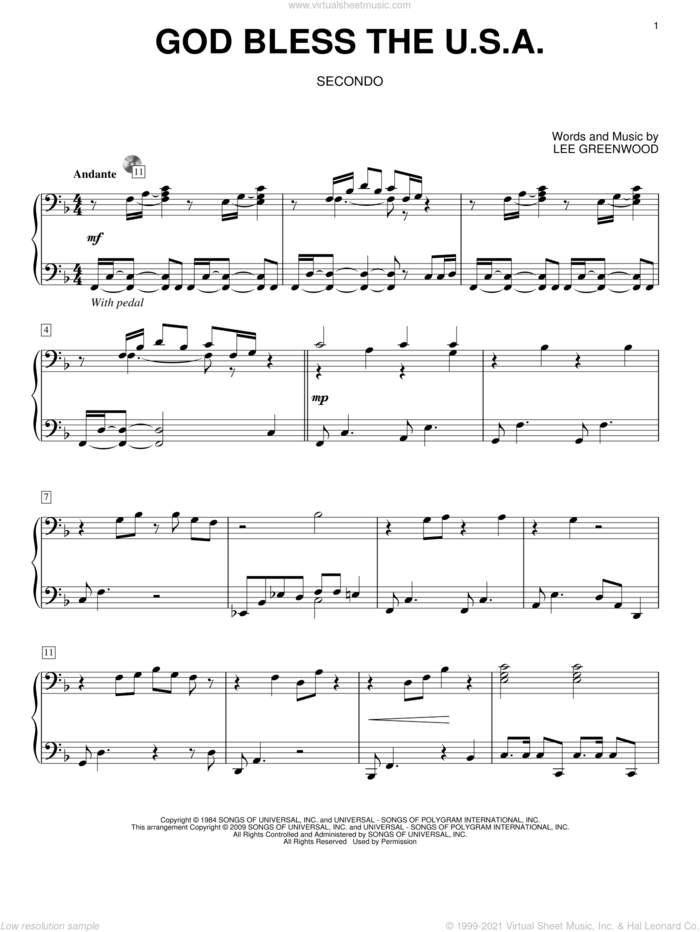 God Bless The U.S.A. sheet music for piano four hands by Lee Greenwood, intermediate skill level